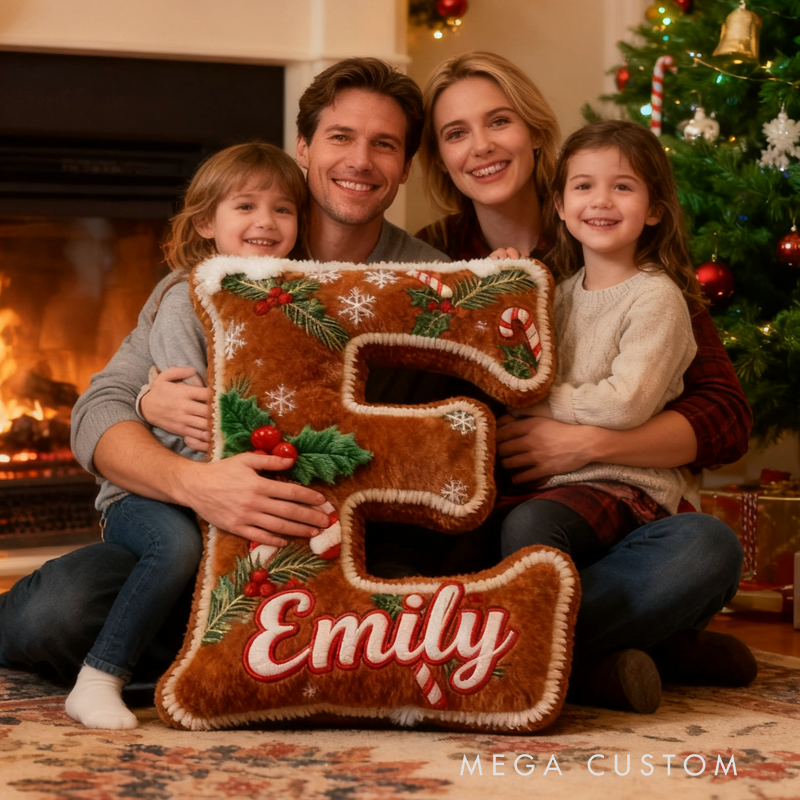 Personalized Gingerbread Man Initials with Name Graphic 3D Print Pillow Christmas Gift for Kids Birthday Gift