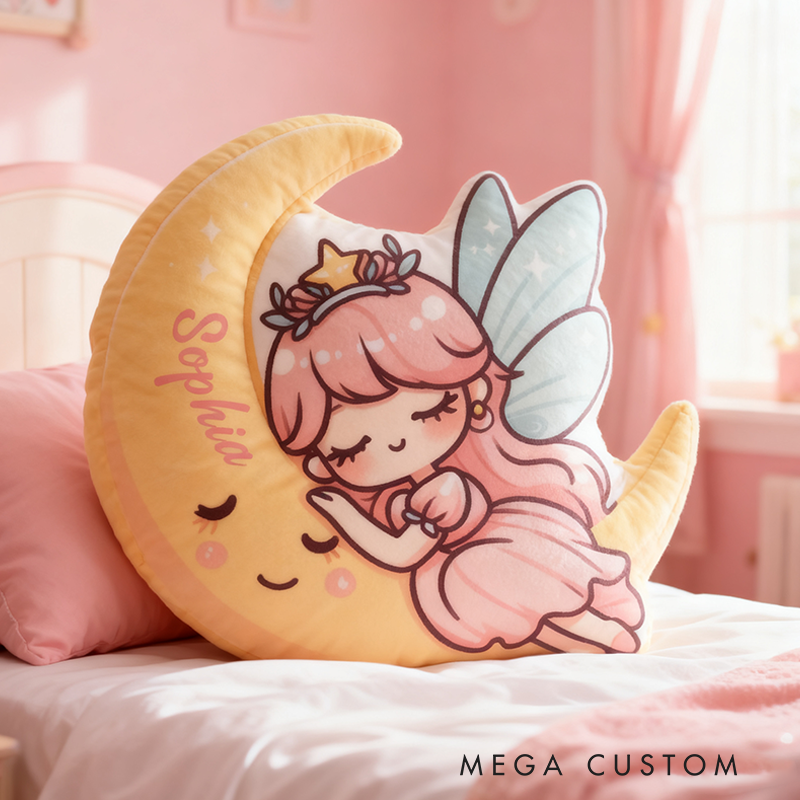 Personalized Name Moon and Pink Princess Pillows with Sparkling Wings Star Crown and Whimsical Pastel Dream Design Graphic 3D Print Pillow for Kids