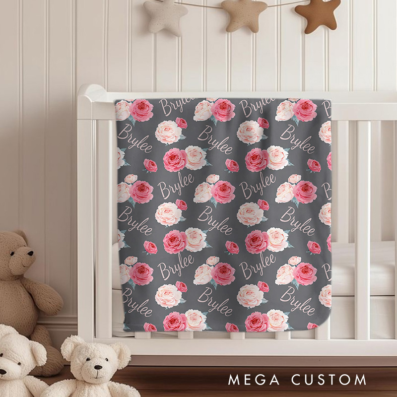 Personalized Name Baby Blanket with Roses Birthday Gift for Baby