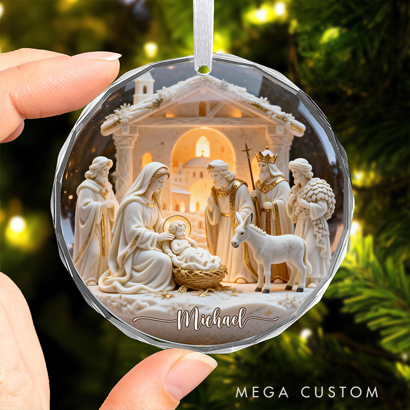 Personalized Nativitys Scene Christmas Round Shaped Glass Ornament with Name Tree Decor Regilious Decor Gift Christmas Gift for Christian Xmas Gift