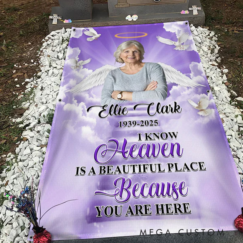 Personalized Photo I know heaven is a beautiful place because you are here Grave Blanket Waterproof Blanket Remembrance Gift for Loss of Loved One