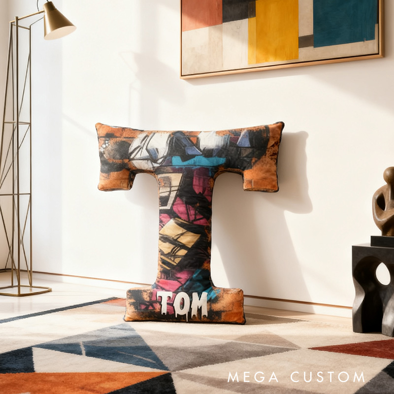 Personalized Graphic 3D Print Graffiti Art Brick Alphabet Shaped Pillow for Art Lovers Initial Pillow Christmas Gift for Kids