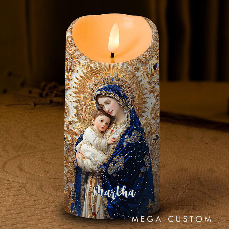 Personalized Virgin Mary and Baby Jesus LED Candle with Name Christian Home Decor Blessed Mother Candle Religious Prayer Candle Catholic Gift for Her