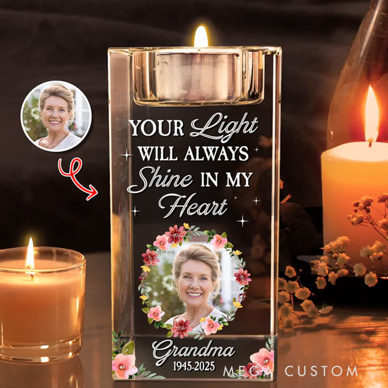 Personalized Memorial Photo Crystal Candle Holder Your Light Will Always Shine In Loving Memory Gift