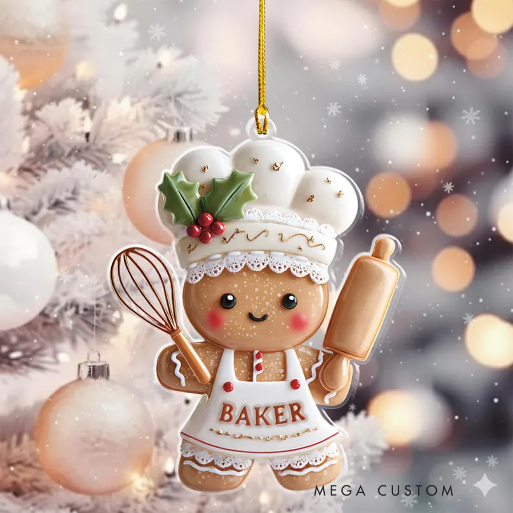 Personalized Gingerbread Chef Acrylic Ornament Gingerbread Baker Decor with Name Custom Christmas Kitchen Decor for Women Female Baker Xmas Gift