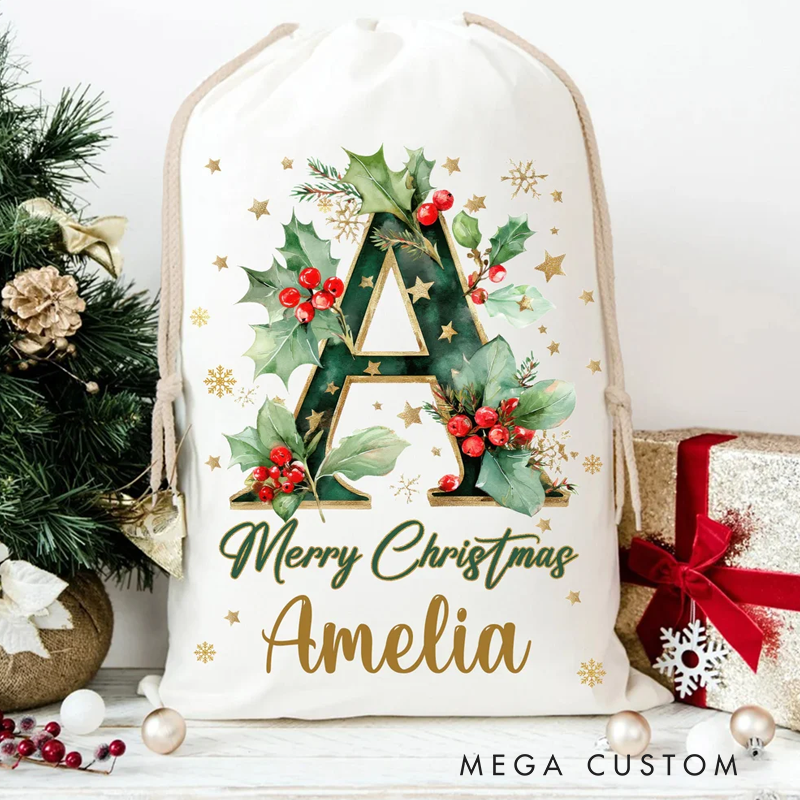 Personalized Holly Initial Canvas Drawstring Gift Bag with Name Christmas Gift for Friends Family