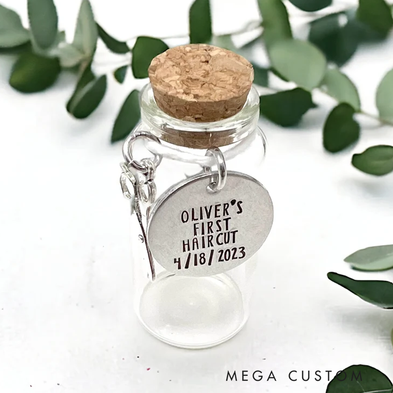 Personalized First Haircut Keepsake Personalized Jar with Date Glass with Cork Scissors Charm for First Lock of Hair Cut Sentimental Gift 