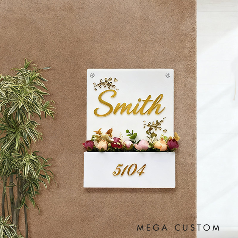 Personalized Acrylic Flower Planter Nameplate Custom names and Flat Number Housewarming Gift for Family 
