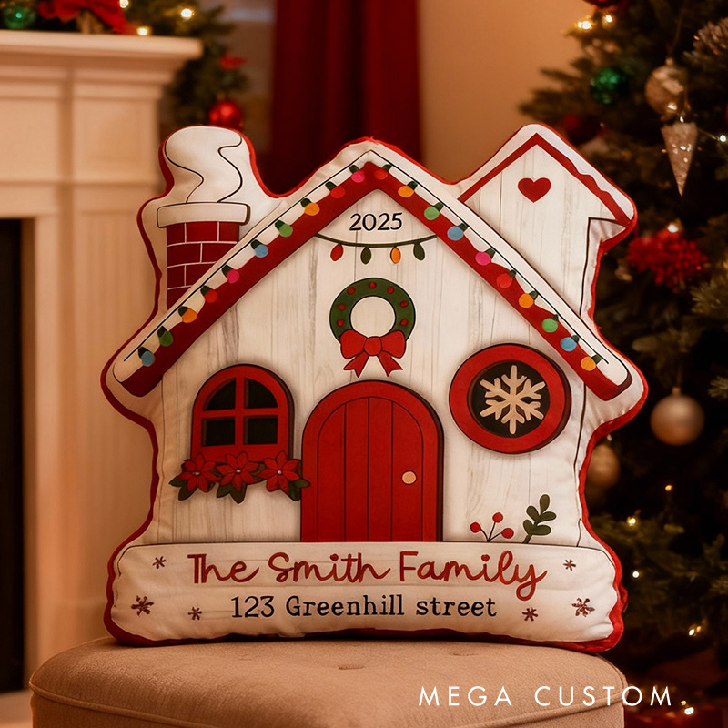 Personalized House Pillow Custom Family Name Holiday Decoration with Address Festive Christmas Cushion Cozy Keepsake for Home Decor Christmas Gifts