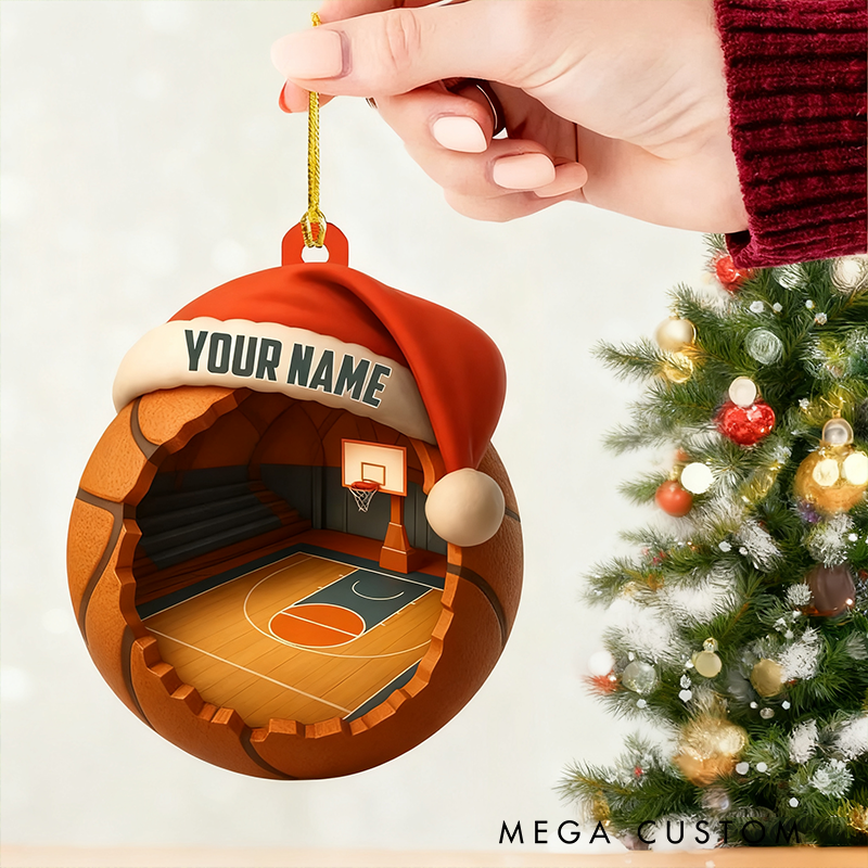 Personalized Basketball Christmas Ornament with Custom Name and Santa Hat Design