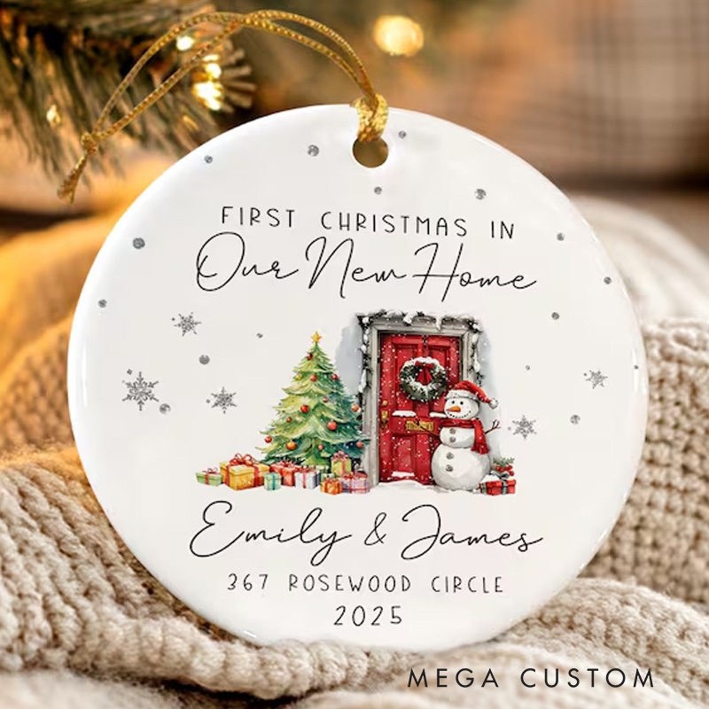 Personalized First Christmas Ornament Custom Names and Address New Home Holiday Decoration Ceramic Keepsake 2025 Festive Gift for Families and Friends