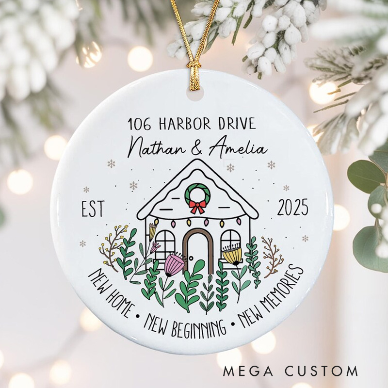 Personalized New Home Ornament Custom Names and Address Ceramic Keepsake Holiday Decoration 2025 New Beginnings and Memories Gift for Homeowners