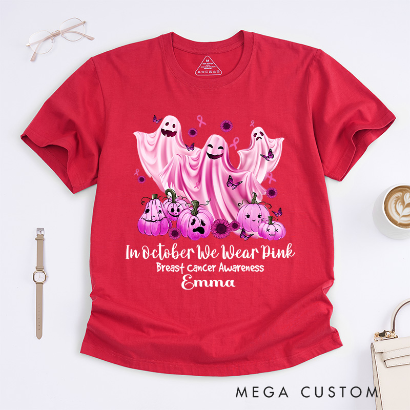 Personalized in October We Wear Pink Breast Cancer Awareness T-Shirt Ghost Haunted Pumpkin Halloween Gift