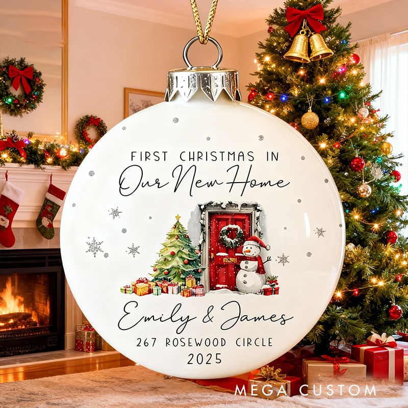 Personalized First Christmas Ball Ornament Custom Names and Address Festive New Home Keepsake Holiday Decoration 2025 Gift for Families