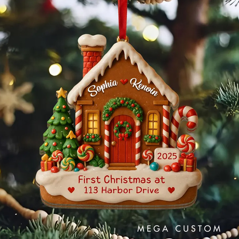 Personalized Gingerbread House Ornament Custom Names and Address First Christmas Keepsake 2025 Festive Holiday Decoration Gift for New Homeowners