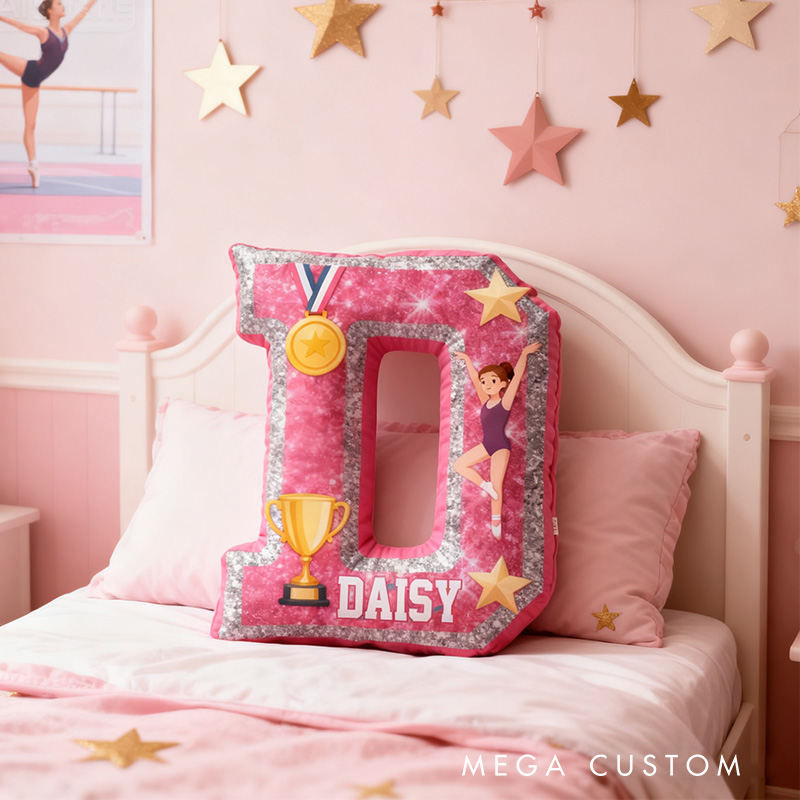 Personalized Graphic 3D Print Gliiter Style Gymnastic Alphabet Shaped Pillow for Gymnastic Lovers Initial Pillow Christmas Gift for Kids