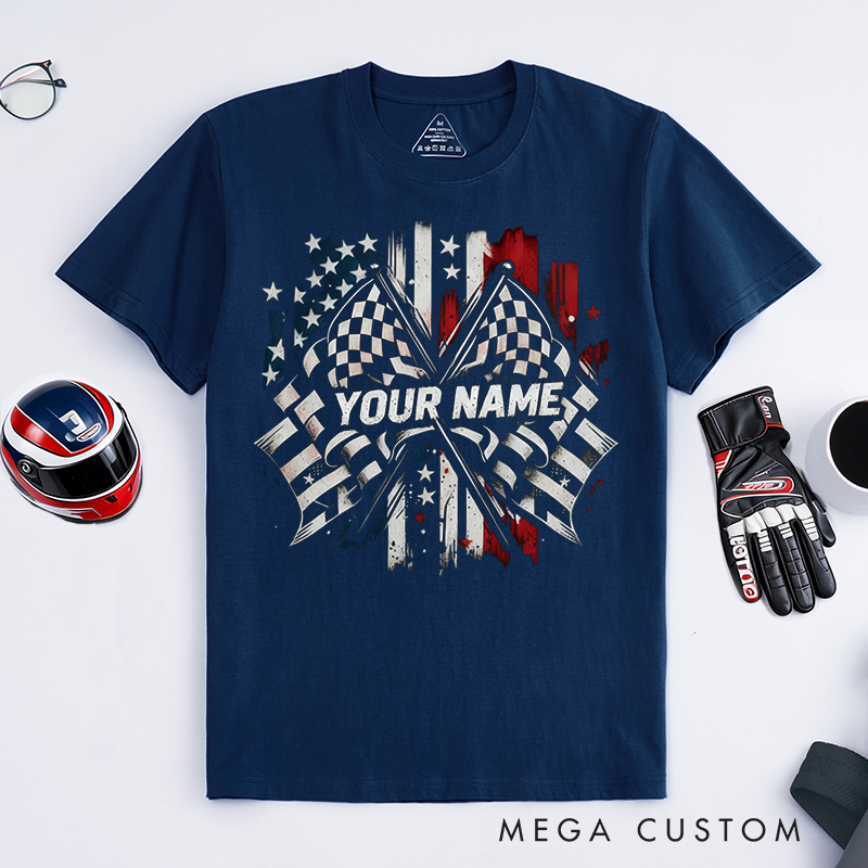 Personalized Racing Flag T-Shirt Custom Name Classic Motorsport Tee with Flag Design for Car Lovers