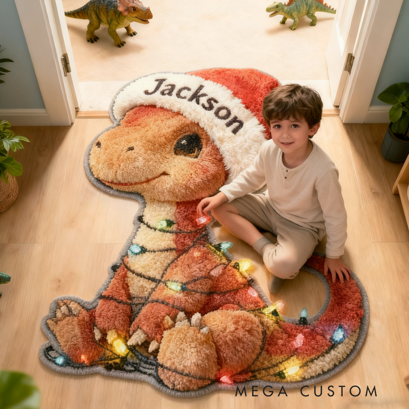Personalized Cute Christmas Dinosaur with Name Doormats Christmas Gift for Kids Birthday Gifts for Boy