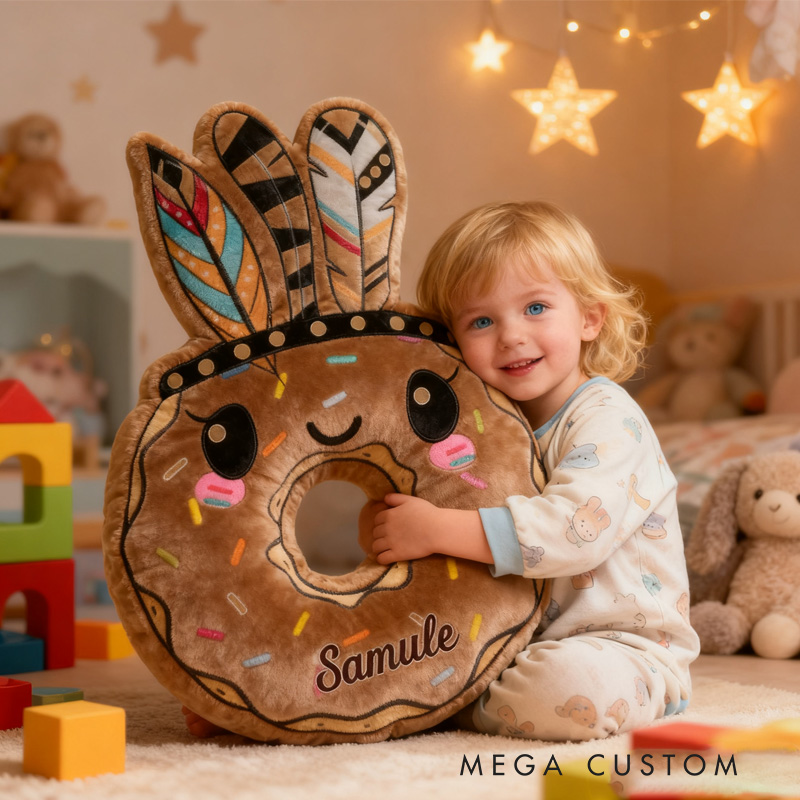 Personalized Primitive Man Donut Throw Pillow Graphic 3D Print Chocolate Donut Pillow with Name for Kids Boys Girls Baker Gift 