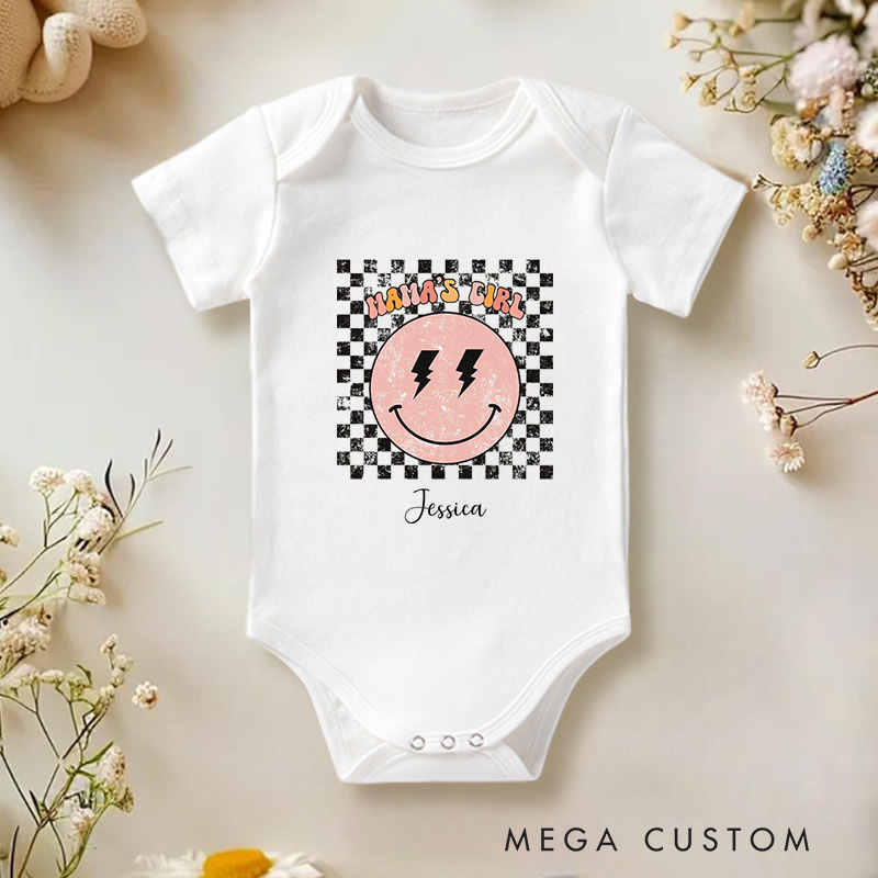 Personalized Mama’s Boy Rock and Roll Themed Design with Checkered Background Baby Onesie