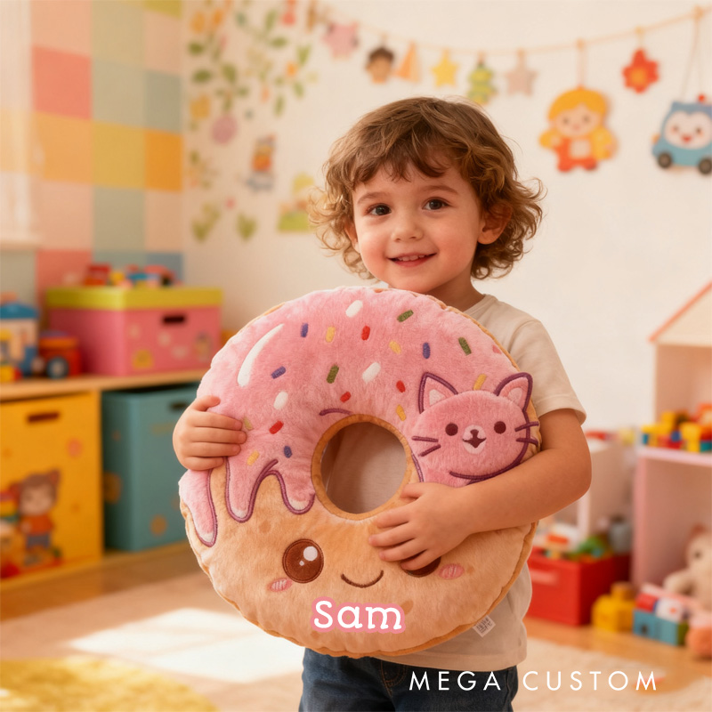 Personalized Pink Donut Throw Pillow Graphic 3D Print Donut and Cat Pillow with Name for Kids Girlfriend Baker Gift 