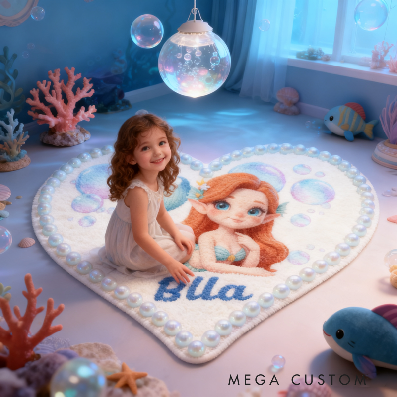 Personalized Cartoon Mermaid with Name Soft Rug Christmas Gift for Kids Rug Birthday Gifts for Kids