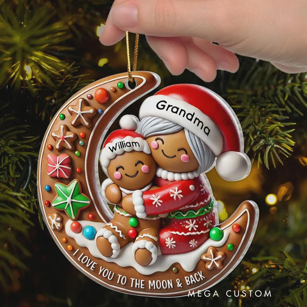 Personalized I Love You to the Moon and Back Christmas Ornament Gingerbread Grandma and Grandchild Moon Ornament for Family Acrylic Christmas Keepsake Baking Lover Christmas Gift