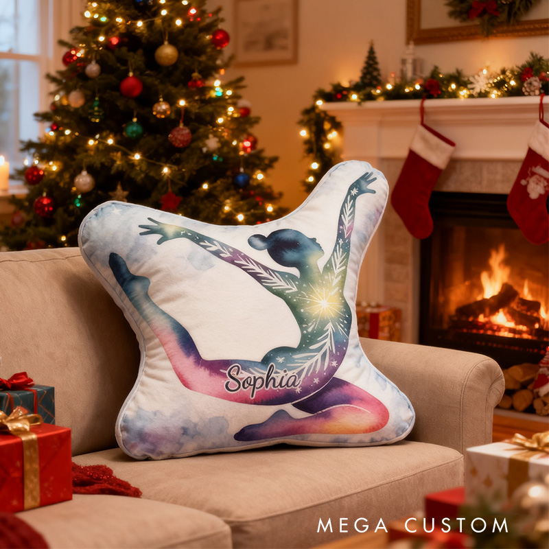 Personalized Watercolor Snow Heart Gymnastic Girl Shaped Pillow for Gymnastic Lovers Pillow Christmas Gift for Kids
