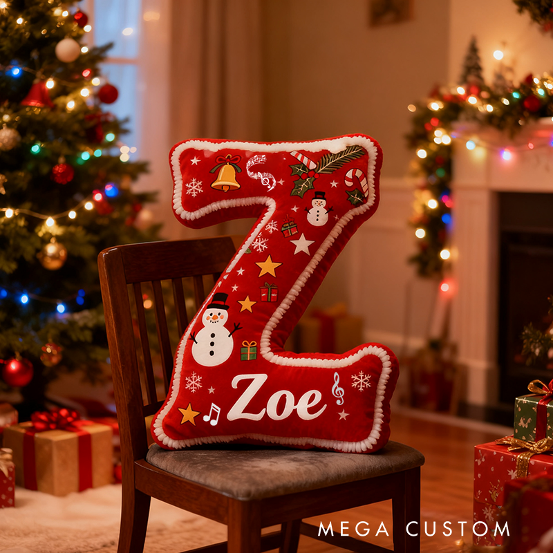 Personalized Name Festive Christmas Letter Pillow Red and Green Design Snowflakes Bells and Holiday Cheer Graphic 3D Print Pillow