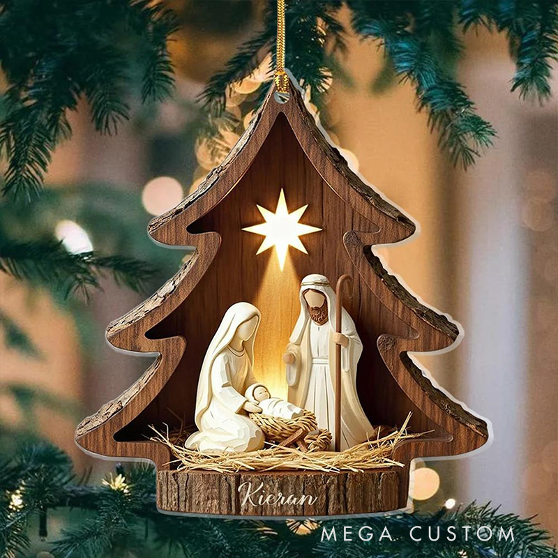 Personalized Nativity Scene Christmas Tree Acrylic Christian Ornament with Family Name Holiday Tree Decor Religious Gift Christmas Gift for Christian