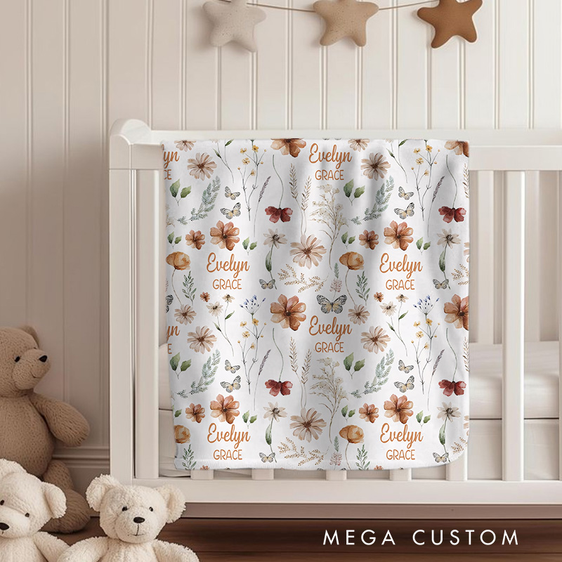 Personalized  Boho Flower Baby Name Blanket New Mom Gift ewborn Gift