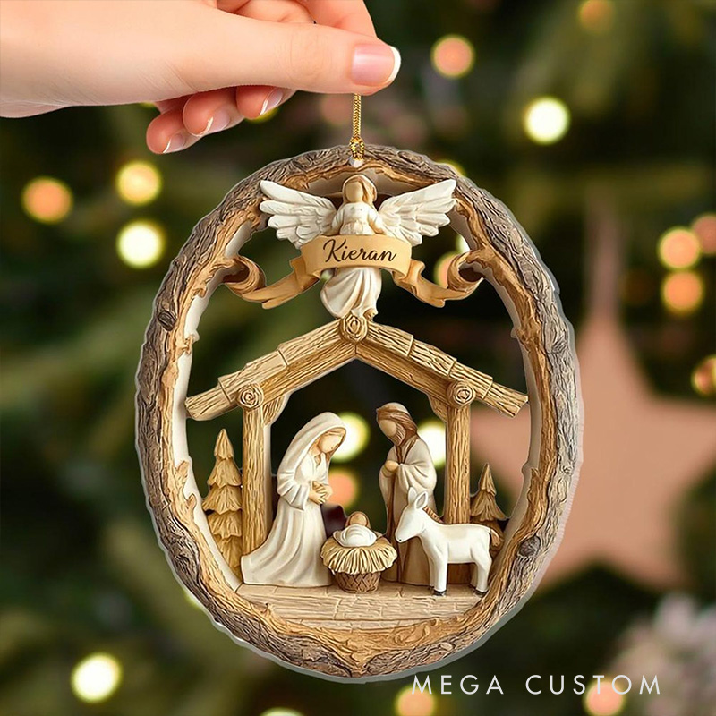 Personalized Nativity Scene Angel Acrylic Christian Christmas Ornament with Family Name Holiday Tree Decor Religious Gift Christmas Gift for Christian