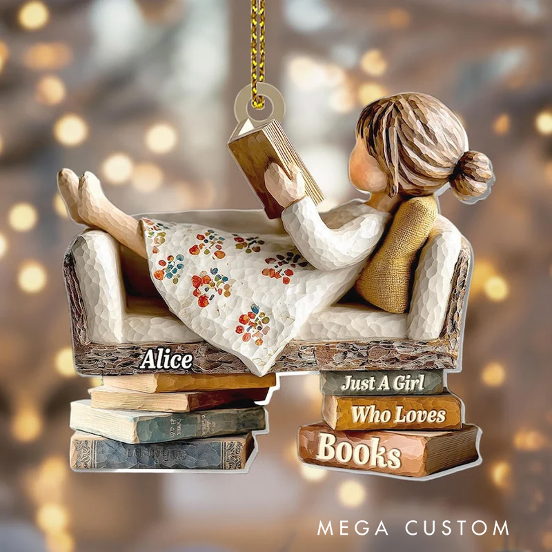 Personalized Just a Girl Who Loves Books Acrylic Christmas Ornament Holiday Tree Decor with Name Reader Gift for Bookworms Librarians