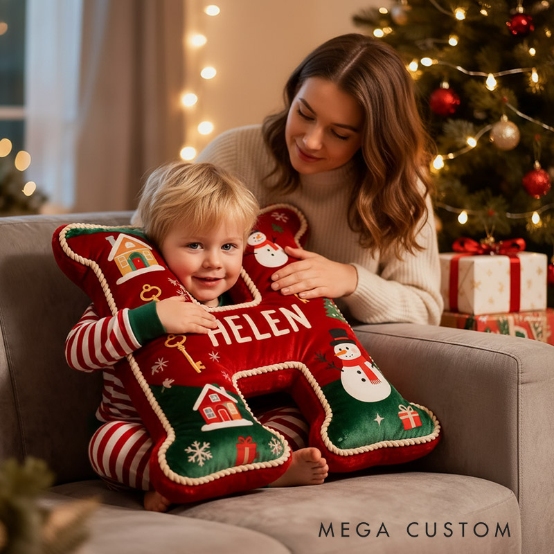 Personalized Christmas Initial Pillow Graphic 3D Print Custom Name Pillow Holiday Gift Cozy Home Accent Soft Cushion Gift for Kids Family