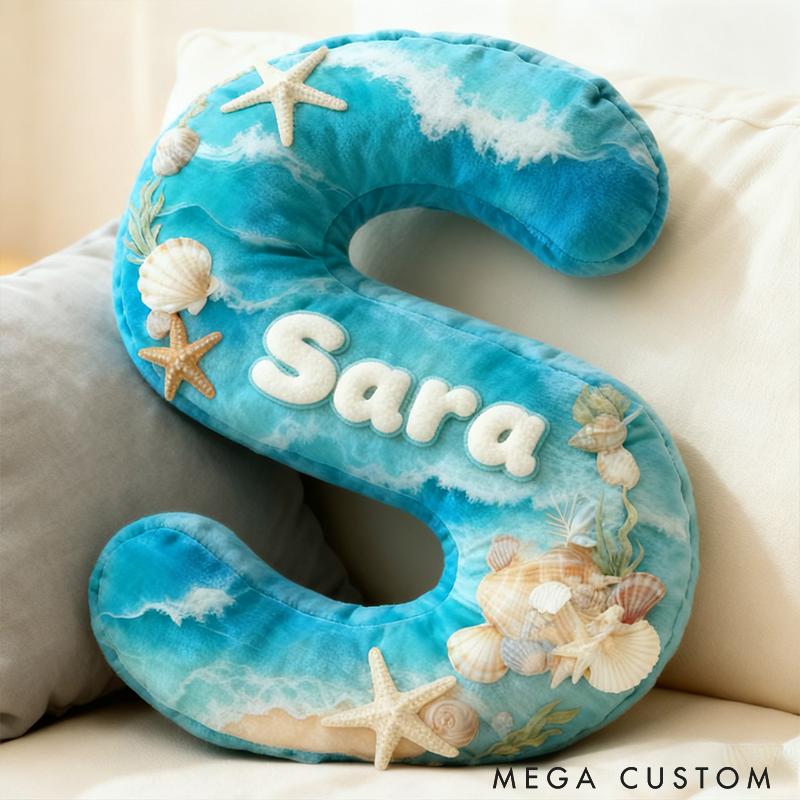 Personalized Seaglass Style Initial Pillow Custom Ocean Style Letter Pillow 3D Graphic Print Home Decor Throw Pillow for Girl Friend Beach Keepsake Pillow
