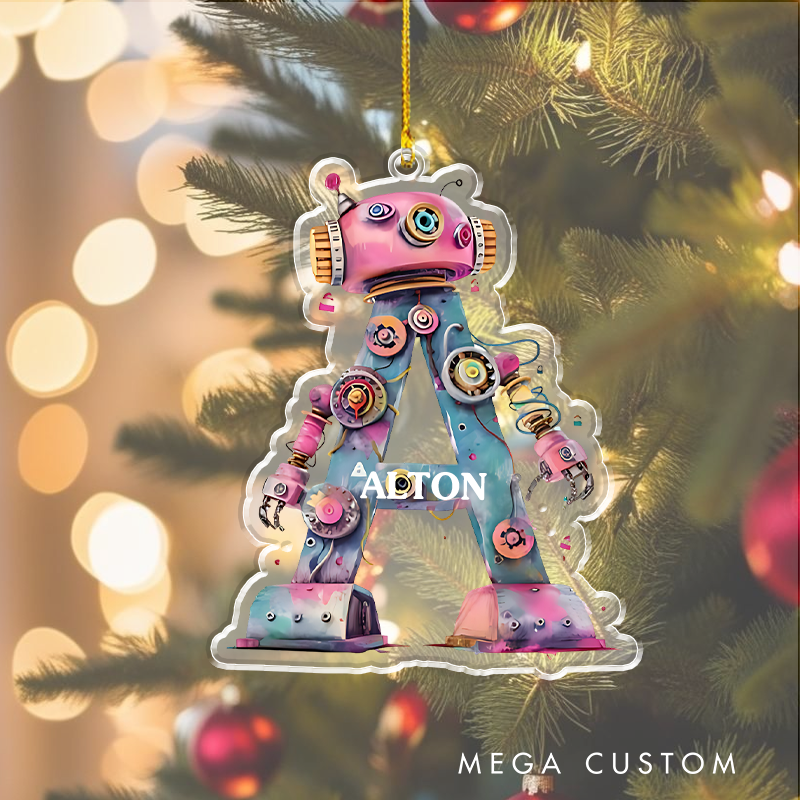 Personalized Watercolor Robot Alphabet Christmas Ornamente Gift for Kid