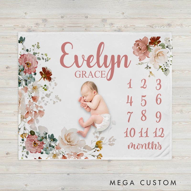 Personalized Wild Flower Milestone Baby Blanket Baby Shower Gift