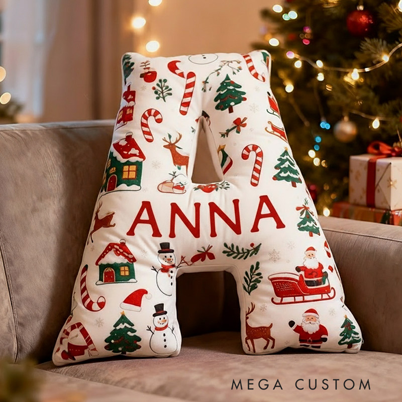 Personalized Christmas Initial Pillow Custom Name Pillow Holiday Gift Cozy Home Accent Soft Cushion Gift for Kids Family Housewarming Gift
