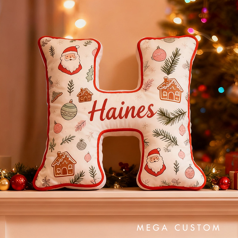 Personalized Christmas Letter Pillow Graphic 3D Print Custom Name Festive Decor with Santa Gingerbread Ornaments Design Soft Home Accent