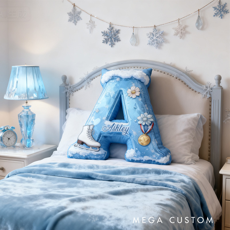 Personalized Graphic 3D Print Snowy Ice Skating Alphabet Shaped Pillow for Ice Skate Lovers Initial Pillow Christmas Gift for Kids
