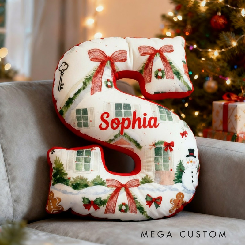 Personalized Initial Pillow Custom Name Christmas House Pillow Holiday Gift Cozy Home Soft Cushion Gift for Kids Family Housewarming Gift