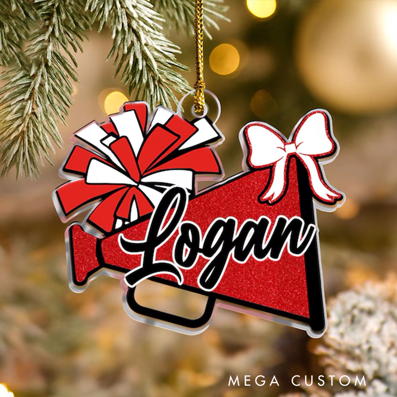 Personalized Acrylic Cheerleading Christmas Ornament with Custom Name, Megaphone, and Bow Design