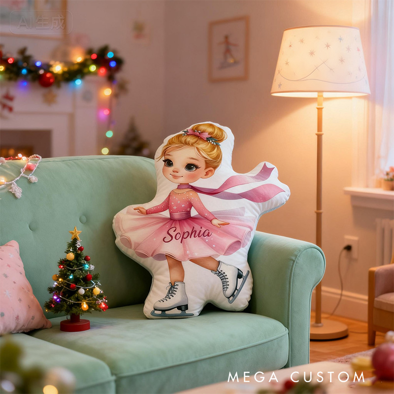 Personalized Graphic 3D Print Ice Skating Pink Girl Shaped Pillow for Ice Skate Lovers Pillow Christmas Gift for Kids