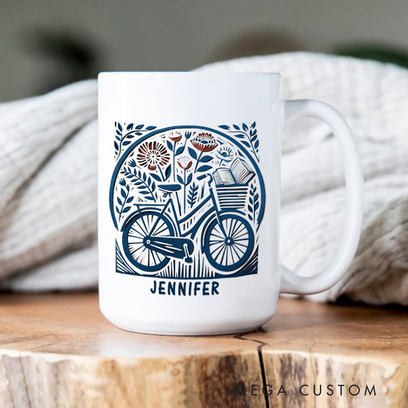 Personalized Floral Bkie Coffee Mug Gift for Cyclist for Biker Cycling Riding Lovers