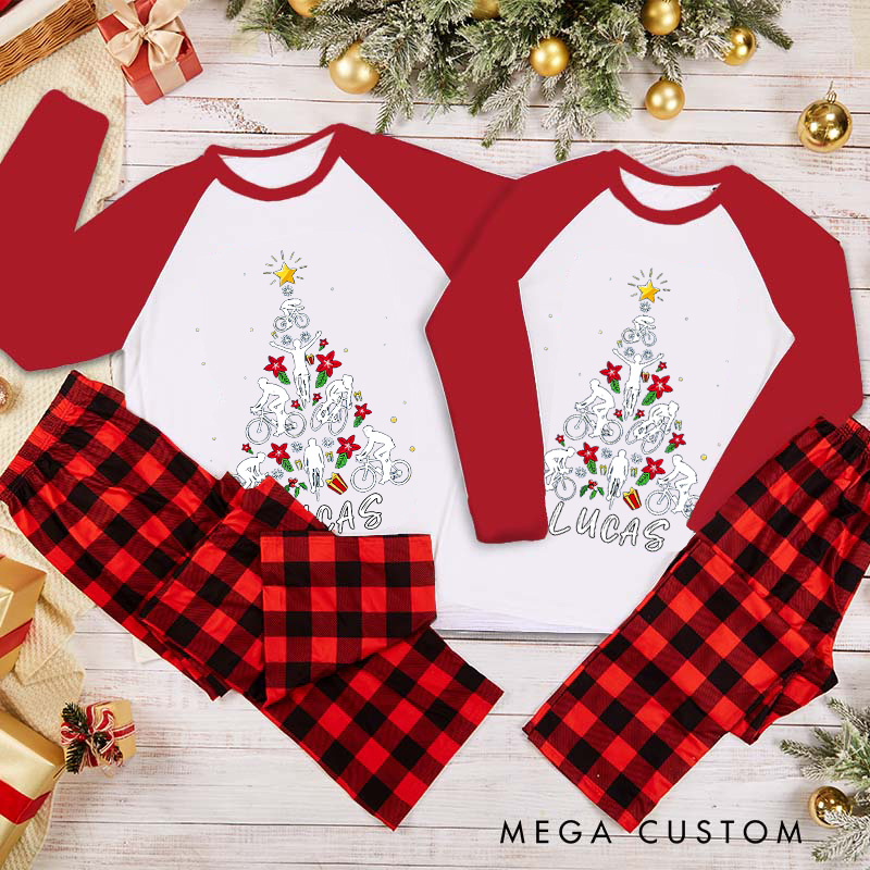 Personalized Christmas Pajama Set Cycling Christmas Pajamas Christmas Tree Bicycle Bike Love Xmas Gift Pajamas Matching Family Perfect for Holiday and Rider Riding Lover