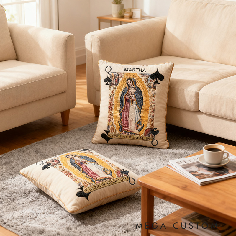 Personalized Virgin of Guadalupe Holy Playing Card Pillow with Custom Name Home Decor Unique Religious Gift Catholic Saints Deck Graphic 3D Print