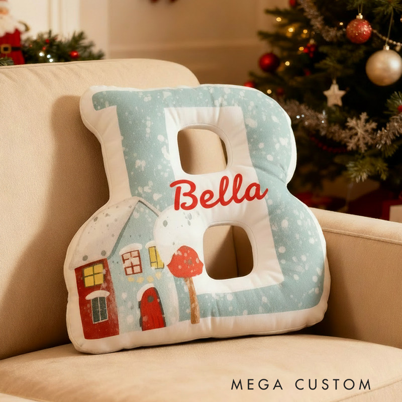 Personalized Initial Pillow with Winter Snowy Houses Custom Name Christmas House Pillow Gift for Kids Family Housewarming Gift