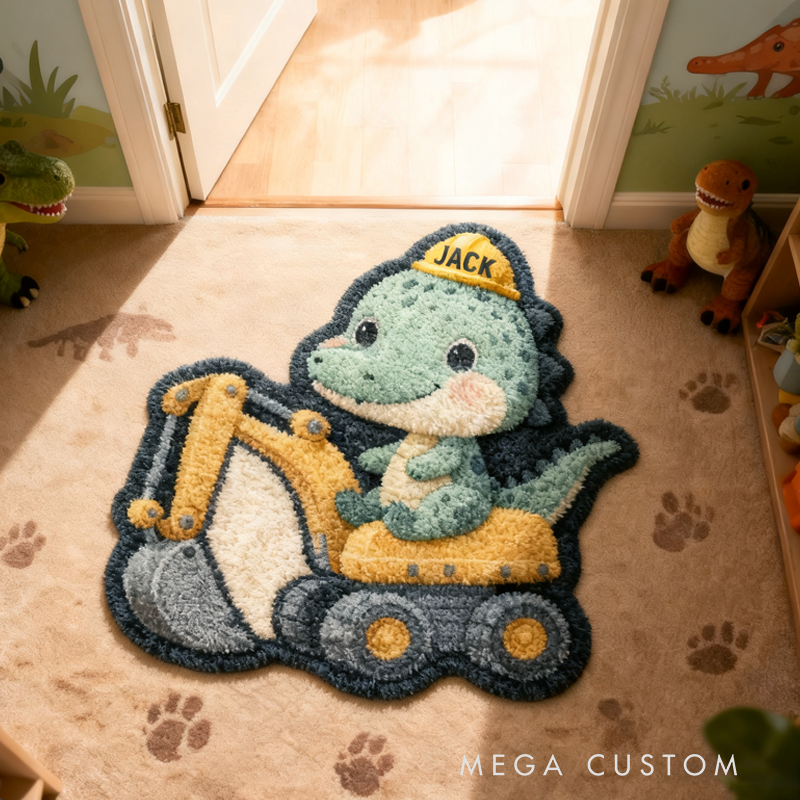 Personalized Cartoon Dinosaur Excavator with Name Soft Rug Christmas Gift for Kids Rug Birthday Gifts for Kids