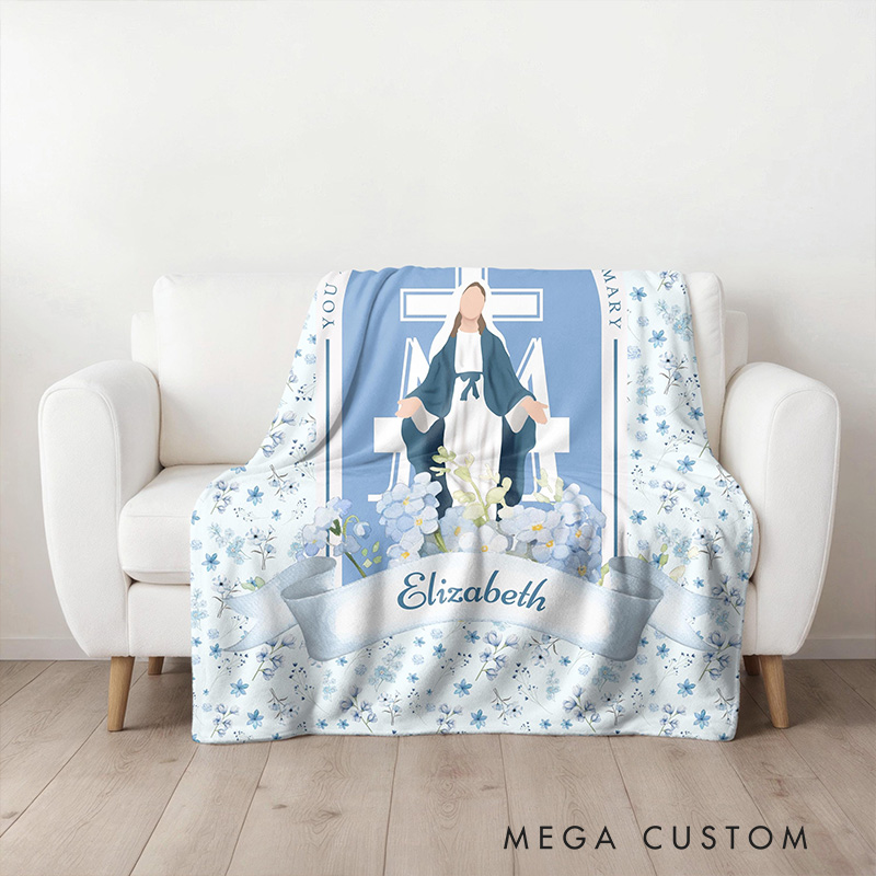 Personalized You are Forever Protected by Mary Soft Throw Blanket with Name Blue White Floral Marian Catholic Plush Blanket Religious Baptism Gift