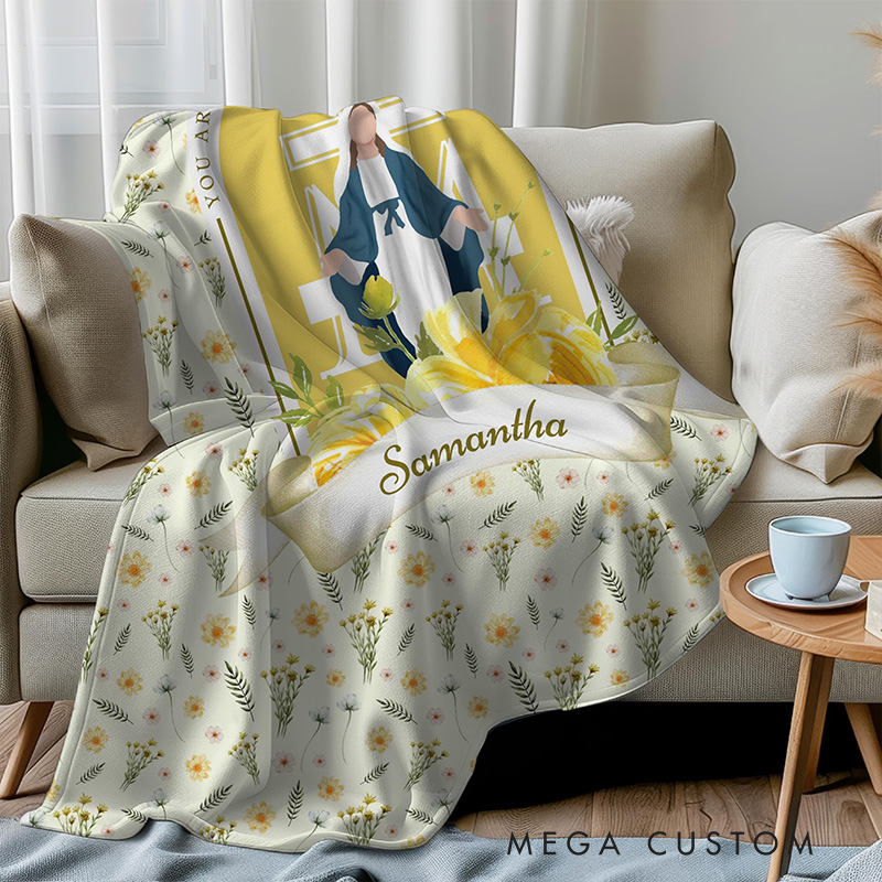 Personalized You are Forever Protected by Mary Soft Throw Blanket with Name Yellow White Floral Marian Catholic Plush Blanket Religious Baptism Gift